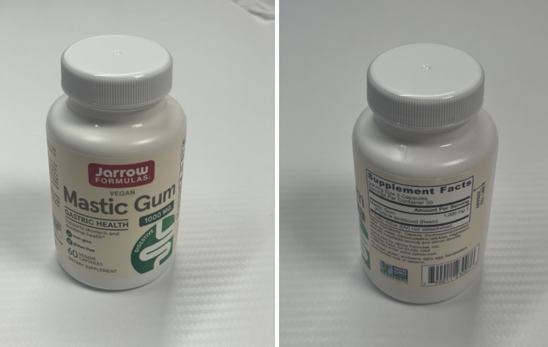 Jarrow mastic gum bottle showing the front label and the supplement facts panel